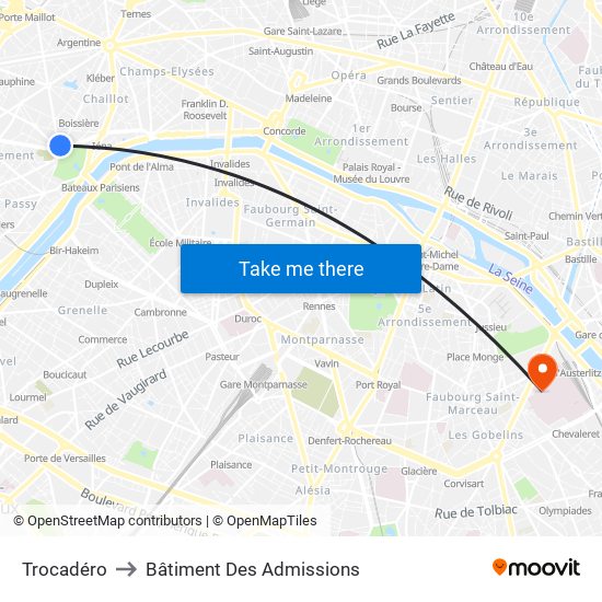 Trocadéro to Bâtiment Des Admissions map