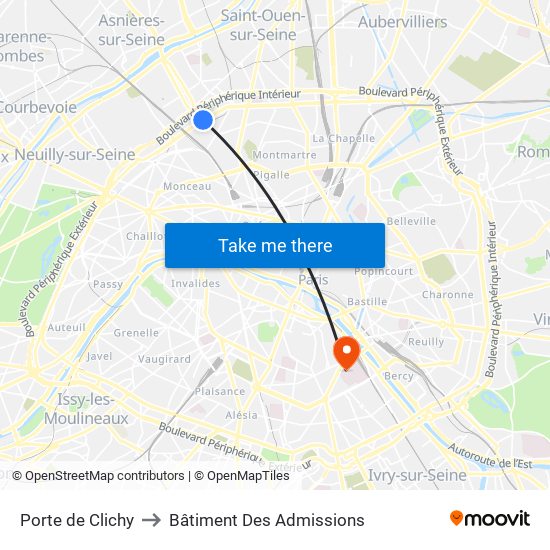 Porte de Clichy to Bâtiment Des Admissions map