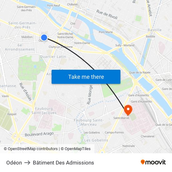 Odéon to Bâtiment Des Admissions map