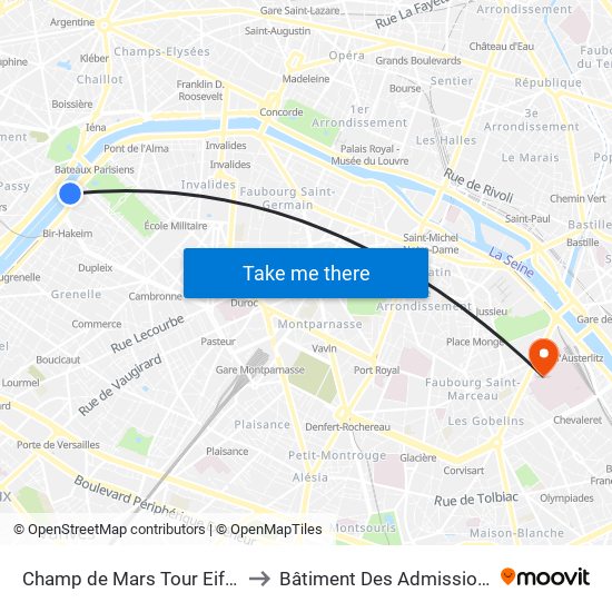 Champ de Mars Tour Eiffel to Bâtiment Des Admissions map