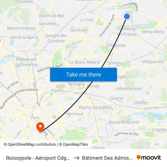 Roissypole - Aéroport Cdg1 (D3) to Bâtiment Des Admissions map