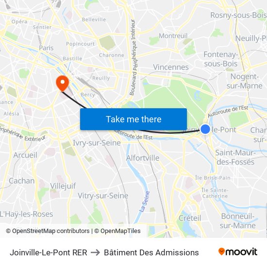 Joinville-Le-Pont RER to Bâtiment Des Admissions map