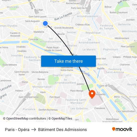 Paris - Opéra to Bâtiment Des Admissions map