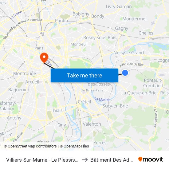 Villiers-Sur-Marne - Le Plessis-Trévise RER to Bâtiment Des Admissions map