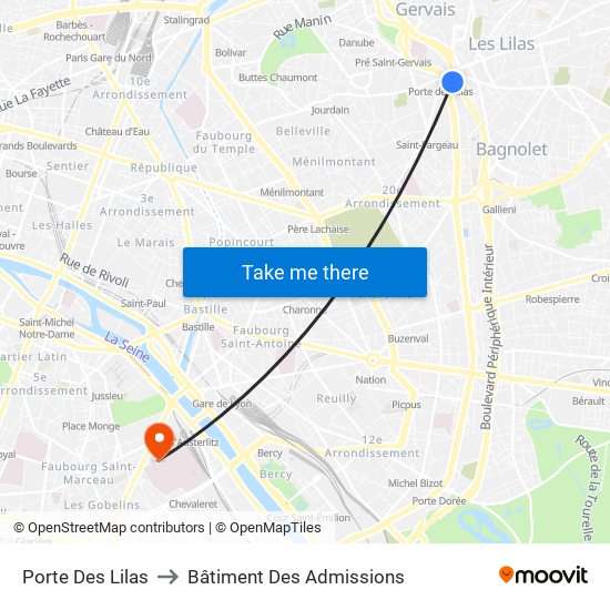 Porte Des Lilas to Bâtiment Des Admissions map