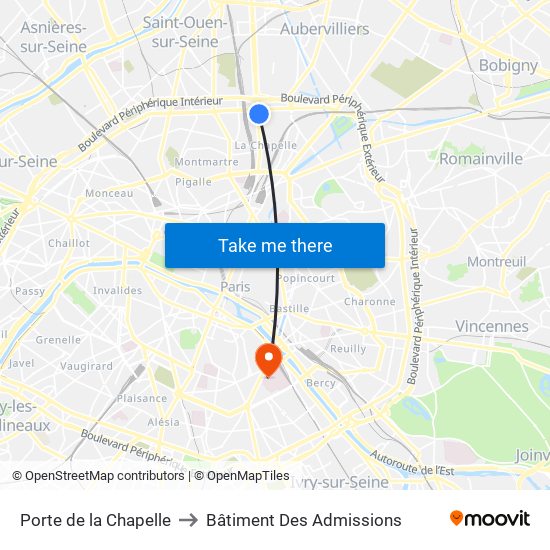 Porte de la Chapelle to Bâtiment Des Admissions map