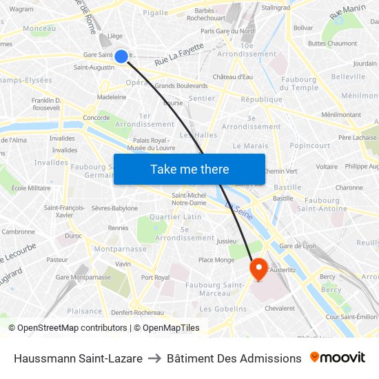 Haussmann Saint-Lazare to Bâtiment Des Admissions map