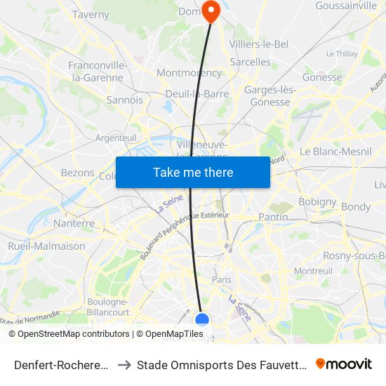 Denfert-Rochereau to Stade Omnisports Des Fauvettes map