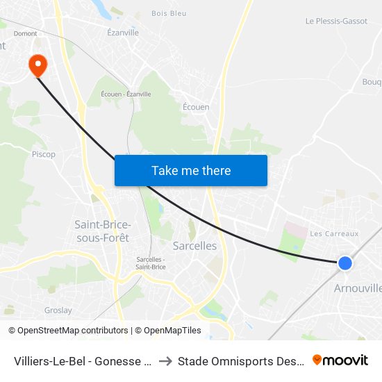 Villiers-Le-Bel - Gonesse - Arnouville to Stade Omnisports Des Fauvettes map