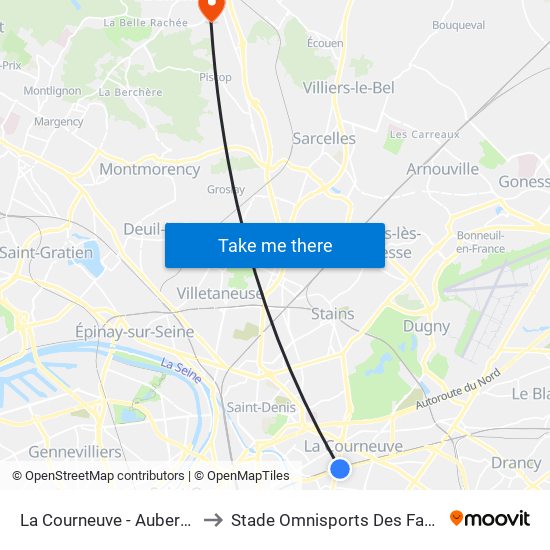 La Courneuve - Aubervilliers to Stade Omnisports Des Fauvettes map