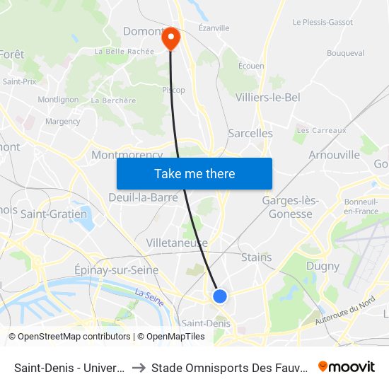 Saint-Denis - Université to Stade Omnisports Des Fauvettes map