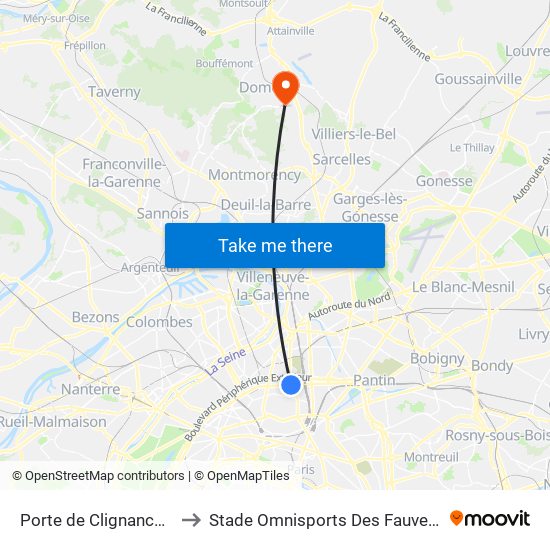 Porte de Clignancourt to Stade Omnisports Des Fauvettes map