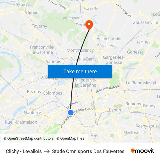 Clichy - Levallois to Stade Omnisports Des Fauvettes map