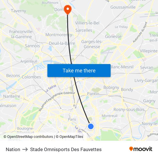 Nation to Stade Omnisports Des Fauvettes map