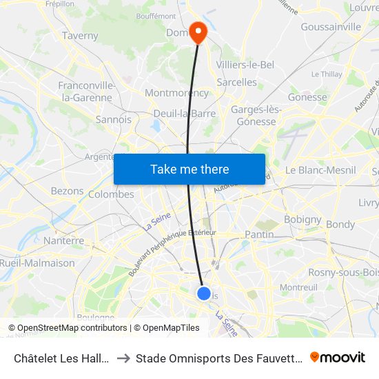 Châtelet Les Halles to Stade Omnisports Des Fauvettes map