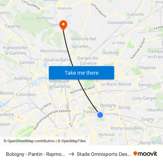 Bobigny - Pantin - Raymond Queneau to Stade Omnisports Des Fauvettes map