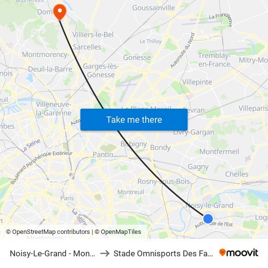 Noisy-Le-Grand - Mont D'Est to Stade Omnisports Des Fauvettes map