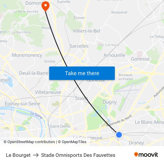 Le Bourget to Stade Omnisports Des Fauvettes map