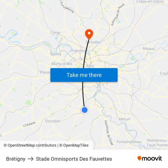 Brétigny to Stade Omnisports Des Fauvettes map