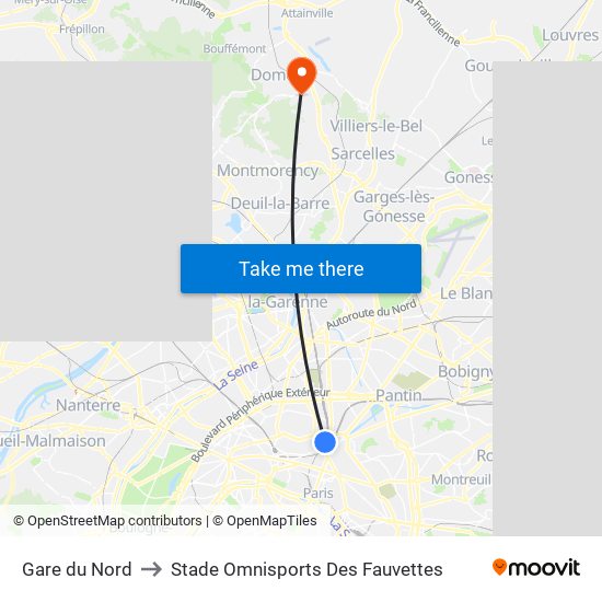 Gare du Nord to Stade Omnisports Des Fauvettes map