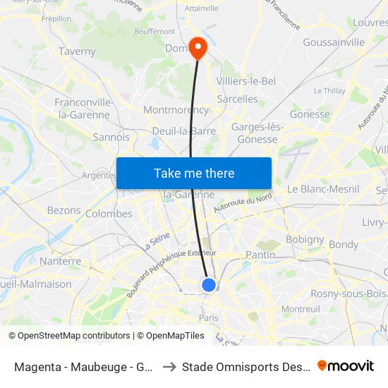 Magenta - Maubeuge - Gare du Nord to Stade Omnisports Des Fauvettes map