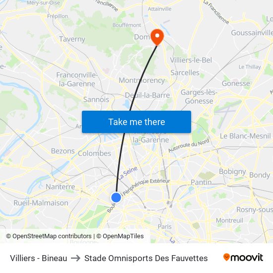Villiers - Bineau to Stade Omnisports Des Fauvettes map