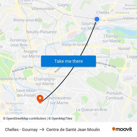 Chelles - Gournay to Centre de Santé Jean Moulin map