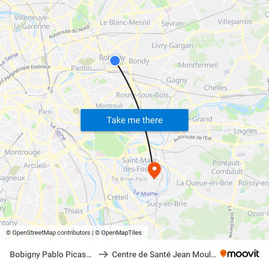 Bobigny Pablo Picasso to Centre de Santé Jean Moulin map