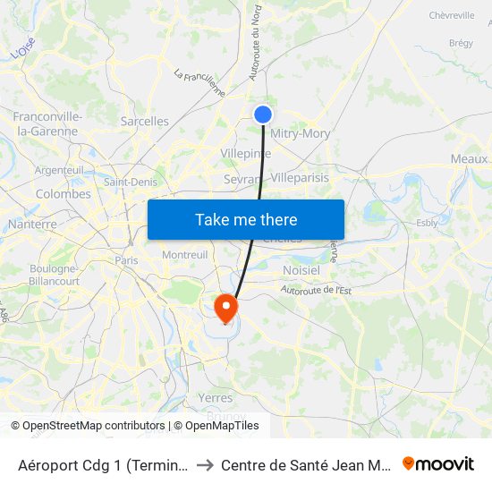 Aéroport Cdg 1 (Terminal 3) to Centre de Santé Jean Moulin map