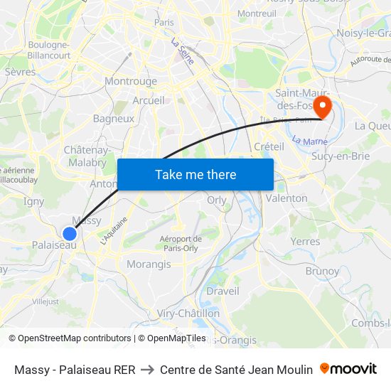 Massy - Palaiseau RER to Centre de Santé Jean Moulin map