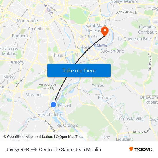 Juvisy RER to Centre de Santé Jean Moulin map