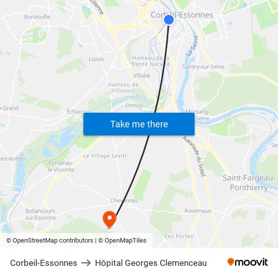 Corbeil-Essonnes to Hôpital Georges Clemenceau map