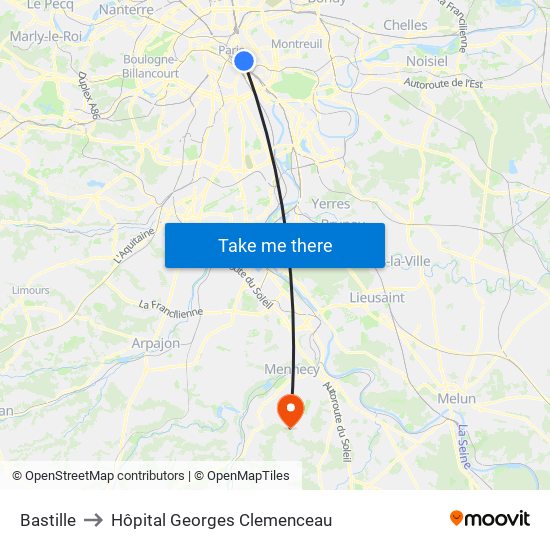 Bastille to Hôpital Georges Clemenceau map
