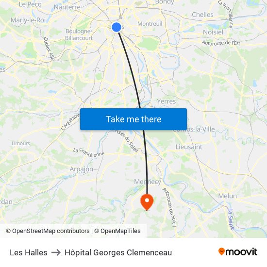 Les Halles to Hôpital Georges Clemenceau map