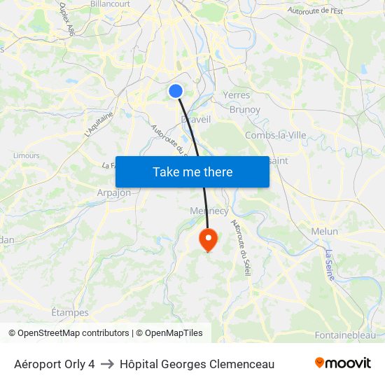 Aéroport Orly 4 to Hôpital Georges Clemenceau map