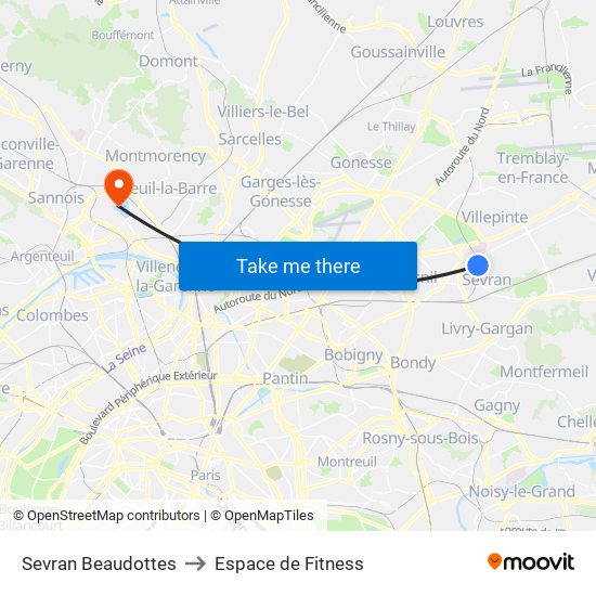 Sevran Beaudottes to Espace de Fitness map