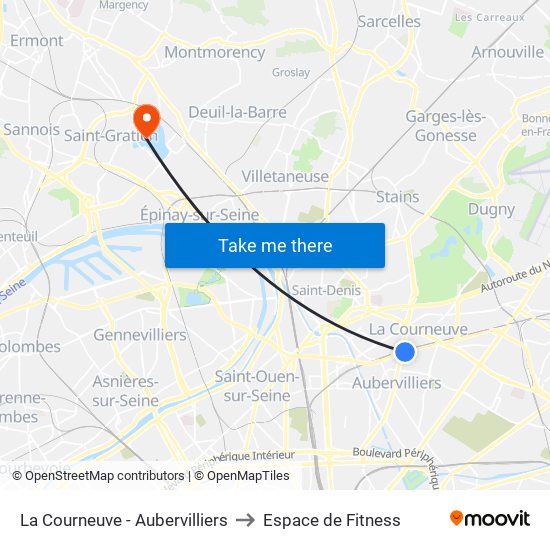 La Courneuve - Aubervilliers to Espace de Fitness map