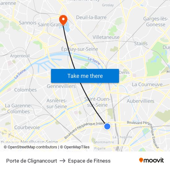 Porte de Clignancourt to Espace de Fitness map