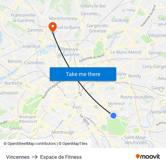 Vincennes to Espace de Fitness map