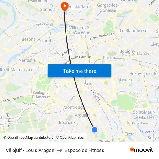Villejuif - Louis Aragon to Espace de Fitness map