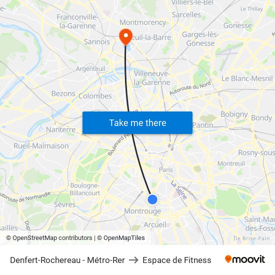 Denfert-Rochereau - Métro-Rer to Espace de Fitness map