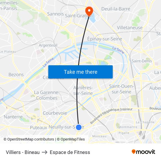 Villiers - Bineau to Espace de Fitness map