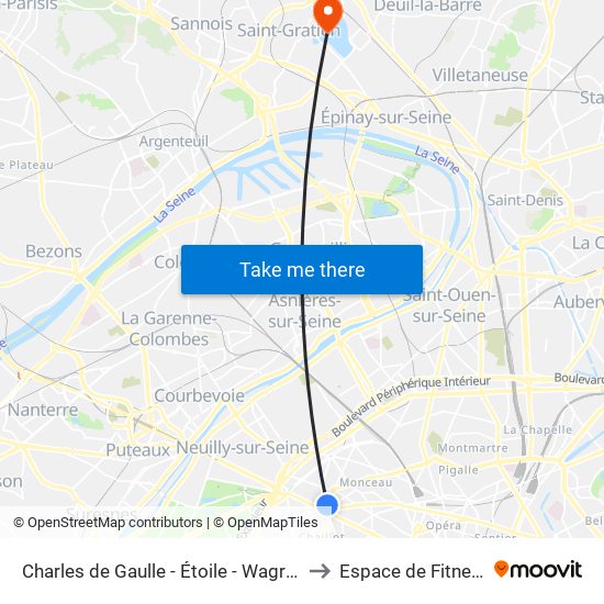 Charles de Gaulle - Étoile - Wagram to Espace de Fitness map