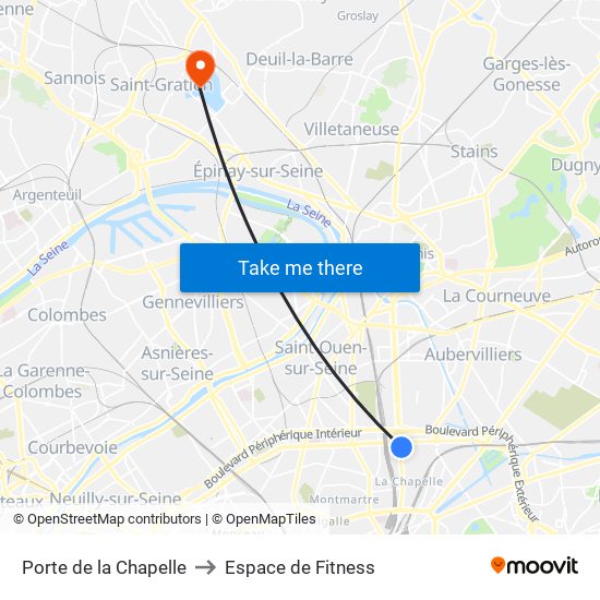 Porte de la Chapelle to Espace de Fitness map