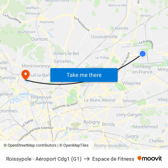 Roissypole - Aéroport Cdg1 (G1) to Espace de Fitness map