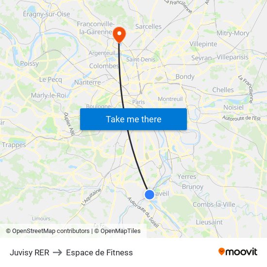 Juvisy RER to Espace de Fitness map