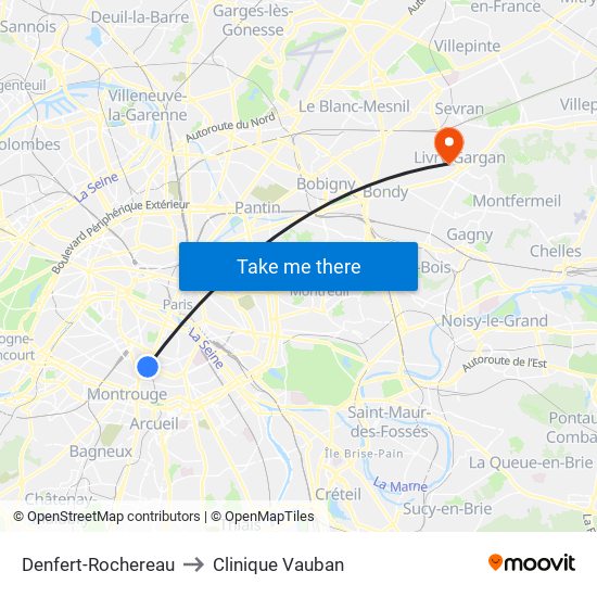 Denfert-Rochereau to Clinique Vauban map