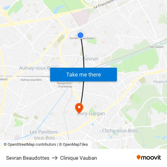 Sevran Beaudottes to Clinique Vauban map