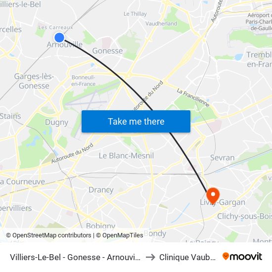 Villiers-Le-Bel - Gonesse - Arnouville to Clinique Vauban map