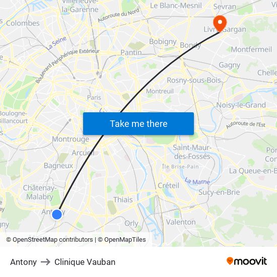 Antony to Clinique Vauban map